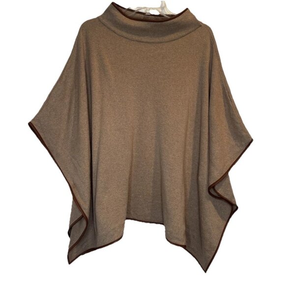 J. CREW Women’s Brown Cotton Mock Neck Faux Leather Trim Poncho Cape One Size - Picture 1 of 8